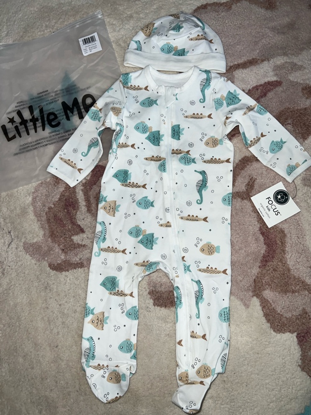 NEW Little Me White Footed One-Piece with Teal & Tan Sea Creatures and Hat